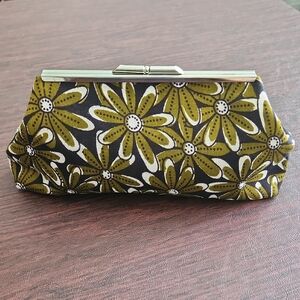Malawi Chitenje Fabric Clutch Bag - Black and Olive/Brown flowers